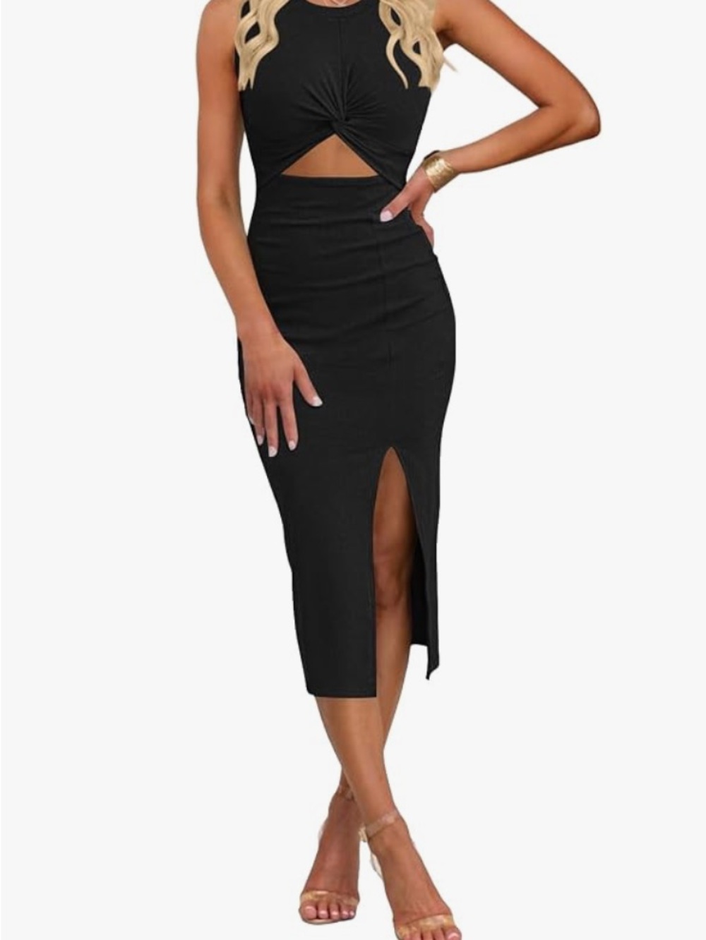 Black Twist-Front Sleeveless Midi Dress